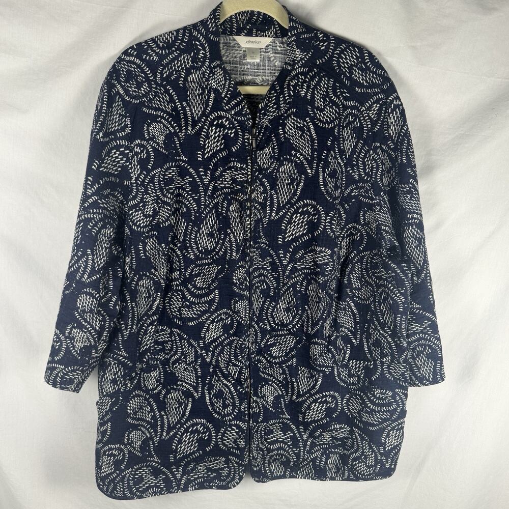 CJ Banks 100% Cotton Sz 3X Navy White Calico Paisley 3/4 Sleeve Full-Zip Jacket